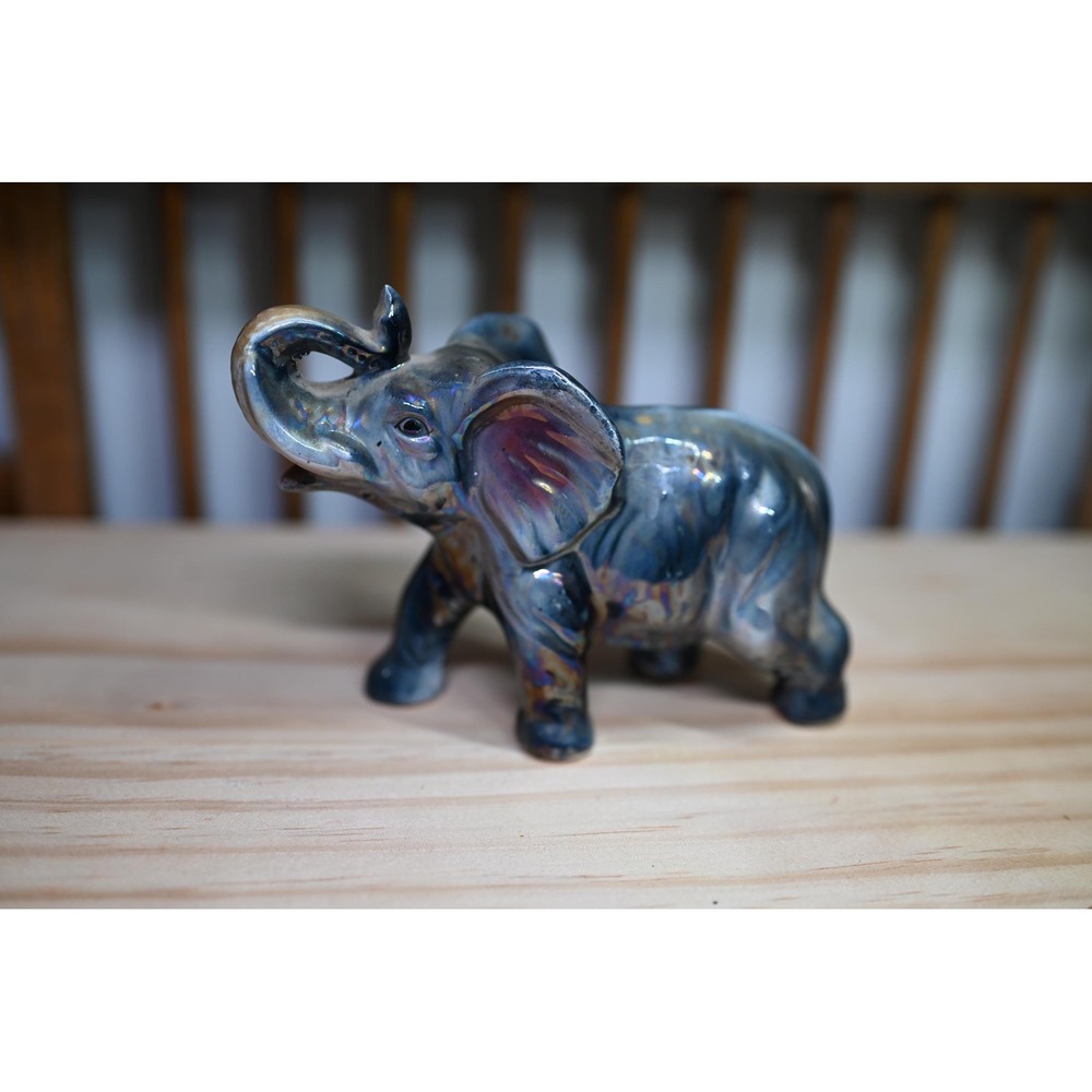 Vintage Japan Stamped Ceramic Elephant Figurine Iridescent Luster Glaze Gray 6"